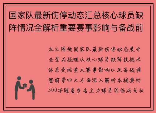 国家队最新伤停动态汇总核心球员缺阵情况全解析重要赛事影响与备战前景 国家队最新伤停动态汇总核心球员缺阵情况全解析重要赛事影响与备战前景